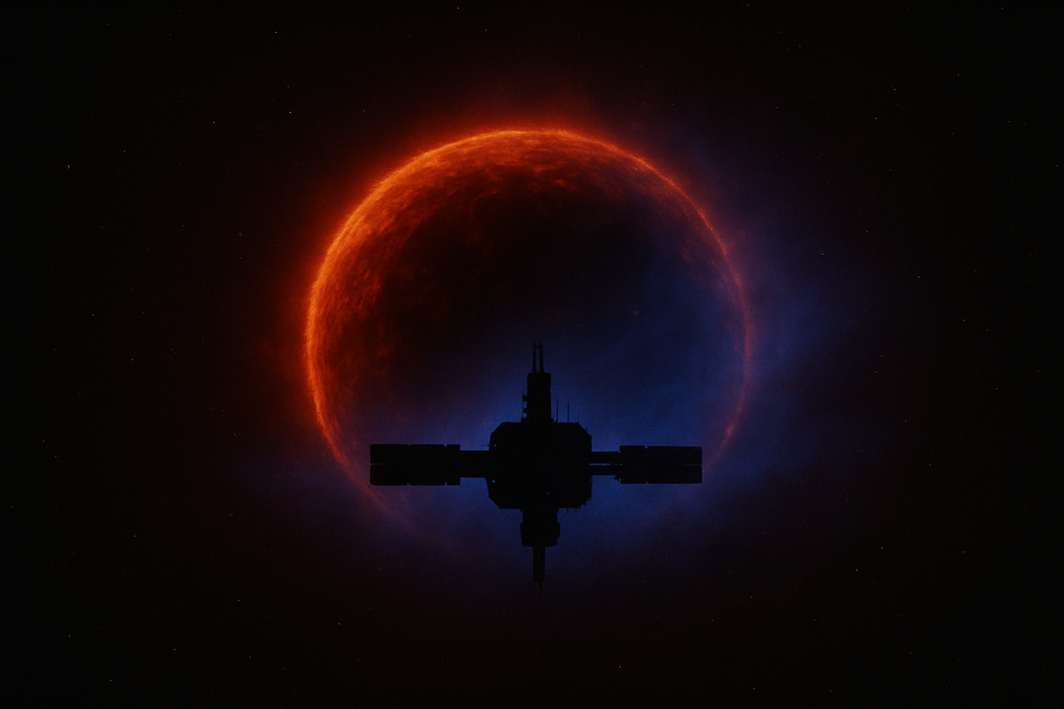 Station Umbra silhouetted against a red dying star.